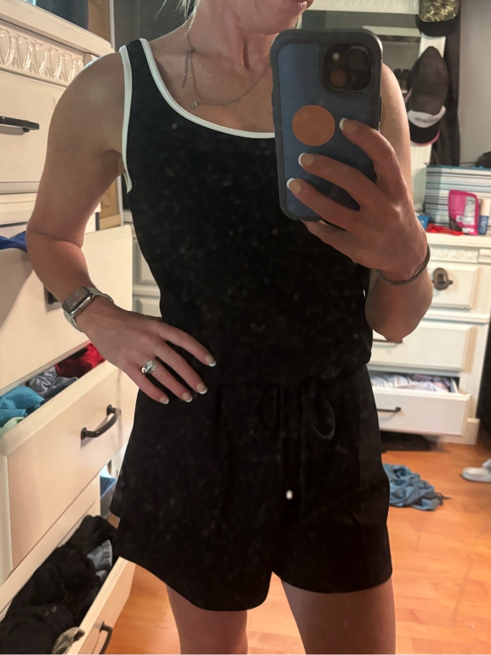 Black Sleeveless Romper with White Trim